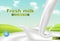 Fresh milk splash Vector realistic. Green summer background. Label design. Organic eco farming template. 3d illustrations