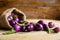 Fresh mini purple eggplant in hemp sack on wooden background