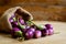 Fresh mini purple eggplant in hemp sack on wooden background