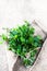 Fresh mint leaves bunch herb on wooden table. Top view with cop
