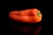 Fresh misted small red pepper with green stem with black background.