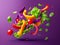 Fresh Mixed Salad Ingredients Levitating on Vibrant Purple Background Lettuce, Peppers, Tomatoes, Cucumbers in Mid Air