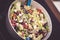 Fresh mixed vegetables salad in a bowl. Selective dark focus