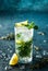 Fresh Mojito cocktail with lime, rosemary, mint and ice in jar glass on dark blue background