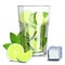 Fresh mojito coctail with lime slices, ice cubes and fresh mint leaves