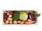 Fresh multi-colored vegetables in wooden crate. Organic food. White background