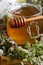 Fresh natual  honey in glass jar with wooden  honey spoon around herb flowers. close up