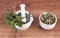 Fresh natural green and dried mint with mortar, healthy lifestyle