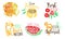Fresh Natural Juice Labels Set, Orange, Lemon, Watermelon Juice Bright Badges Hand Drawn Watercolor Vector Illustration