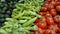 Fresh and natural tomatoes and green sweet peppers piled in fruit market