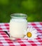 Fresh natural yogurt in a glass jar