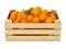 Fresh, newly harvested oranges inside wooden crate. 3D illustration