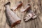 Fresh Norwegian rainbow trout steaks lying on the wooden background