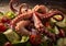 Fresh octopus with various vegetables ready for coocking.Macro.AI Generative