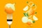 Fresh onion on fork with flying onions background , healthy food concept