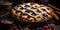 Fresh open blueberry pie on a wooden table. Generated by AI