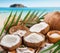 Fresh opened coconuts along with coconut slices, flakes and coconut leaves on a wooden table