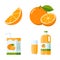 Fresh Orange Fruit and Juice Set. Flat Style collection orange slice and whole fruit, orange juice packages, carton