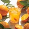 Fresh orange juice glass on table surrounded by vibrant oranges