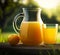Fresh orange juice in a jug and glass on a sunny morning in the English countryside. Generative Ai