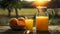 Fresh orange juice in a jug and glass on a sunny morning in the English countryside. Generative Ai