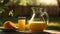 Fresh orange juice in a jug and glass on a sunny morning in the English countryside. Generative Ai