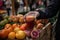 Fresh orange juice at a vibrant farmer market. Generative AI