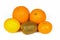 Fresh orange, lemon, tangerine, kiwis isolated on a white background.