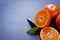 Fresh orange mandarine satsuma and tangerine on the gray background -  copy space