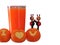 Fresh oranges carved symbol `I Love You` in front of Glass of orange juice and Wooden doll Couple