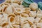 Fresh orecchiette or orecchietta, made with durum wheat and water, handmade pasta typical of Puglia