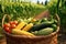 Fresh organic bio vegetables in a wicker basket on the background of the cornfield. Harvesting. Harvest and healthy food concept.