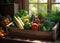 Fresh organic bio vegetables in a wooden box on a blurred green background. Harvesting. Harvest and healthy food concept.