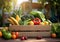 Fresh organic bio vegetables in a wooden box on a blurred green background. Harvesting. Harvest and healthy food concept.