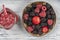 Fresh organic blackberries, strawberries and raspberries, close up. Top view blackberry, strawberry and raspberry