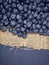 Fresh organic blueberries on burlap on a blue paper background.