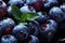 Fresh organic blueberries closeup view with mint