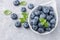 Fresh organic blueberries in white bowl. Juicy berries and mint