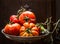 Fresh organic farm tomatoes in steel bowl over dark wooden background