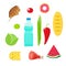 Fresh organic food objects vector illustration, flat style grocery meal icons, groceries products