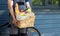 Fresh organic food in a wicker basket in the hands of a bicycle courier. Bike delivery or donation of food concept