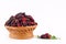 Fresh organic mulberries in brown and mulberries lef basket on white background healthy mulberry fruit food
