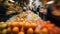 Fresh organic oranges for healthy eating at crowded supermarket sale generated by AI