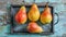 Fresh Organic Pears on Rustic Metal Tray with Weathered Wooden Background