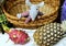Fresh organic ripe fruits pitaya pineapple natural gourmet product toy gray rat wood basket background