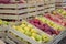 Fresh organic rows of apples crates at the farmers market 2