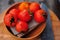 Fresh organic tomatoes on a blurry background. tomatoes farm food.