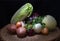 Fresh organic vegetables, cabbage, onions, potato, green onions, on a wooden background