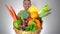 Fresh organic vegetables fruits basket in doctor hands, health medicine concept