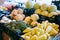 Fresh organic vegetables and fruits on sale at the local farmers summer market outdoors. Healthy organic food concept.